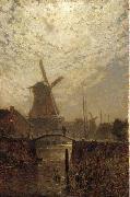 A figure crossing a bridge over a Dutch waterway by moonlight Walter Moras